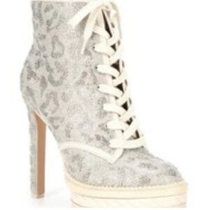 Gianni Bini Halland Glitzy Embellish Leopard Platform high Heels lace up Booties